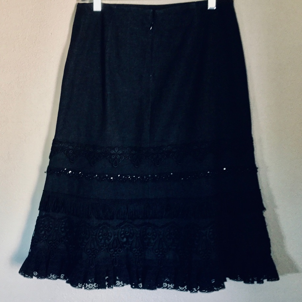 Lepore Black Denim Embroidery Flare Midi Skirt S